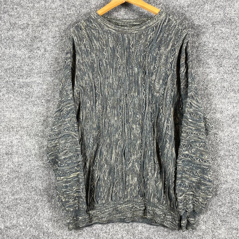 VTG Tundra Canada Sweater Mens M‎ Gray Blue 3D Knit Coogi Style Hip Hop Jumper